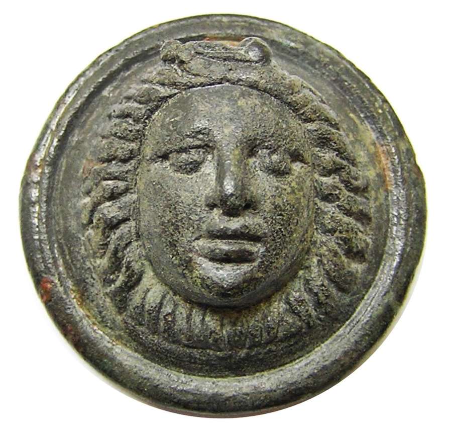 Ancient Roman military phalera gorgoneion facing bust of Medusa