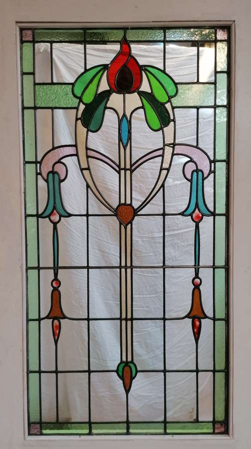 DB0680 EDWARDIAN PITCH PINE DOOR WITH ART NOUVEAU STAINED GLASS