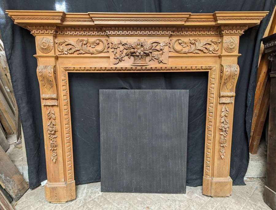 FS0329 RECLAIMED REPRODUCTION LARGE CARVED PINE FIRE SURROUD