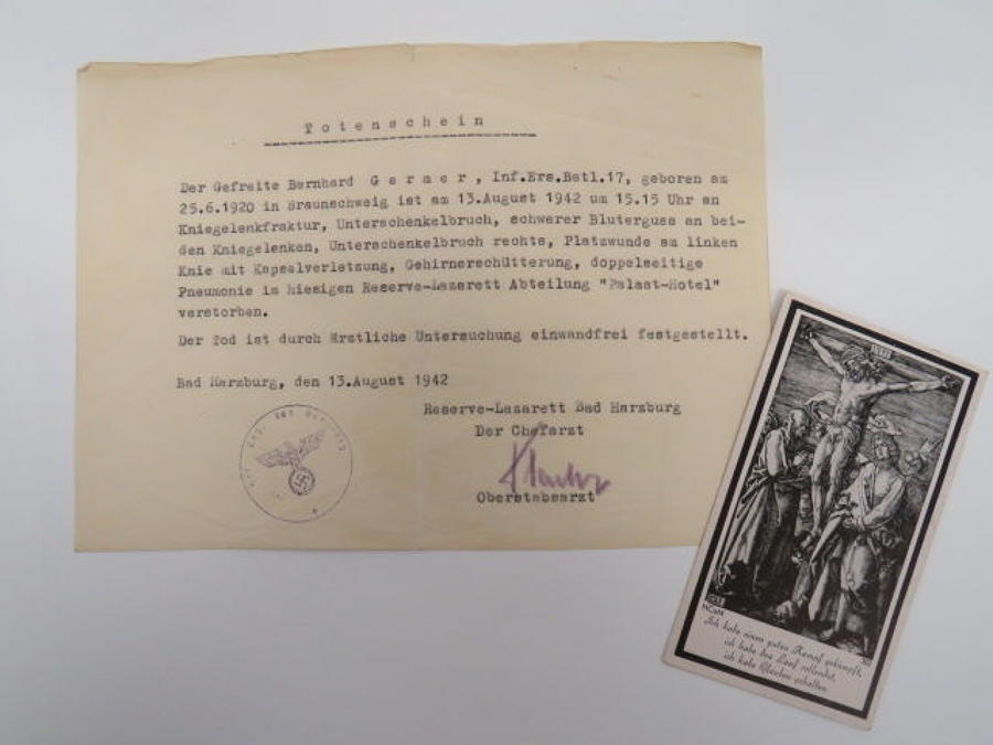 German WW 2 Casualty Death Certificate and Card