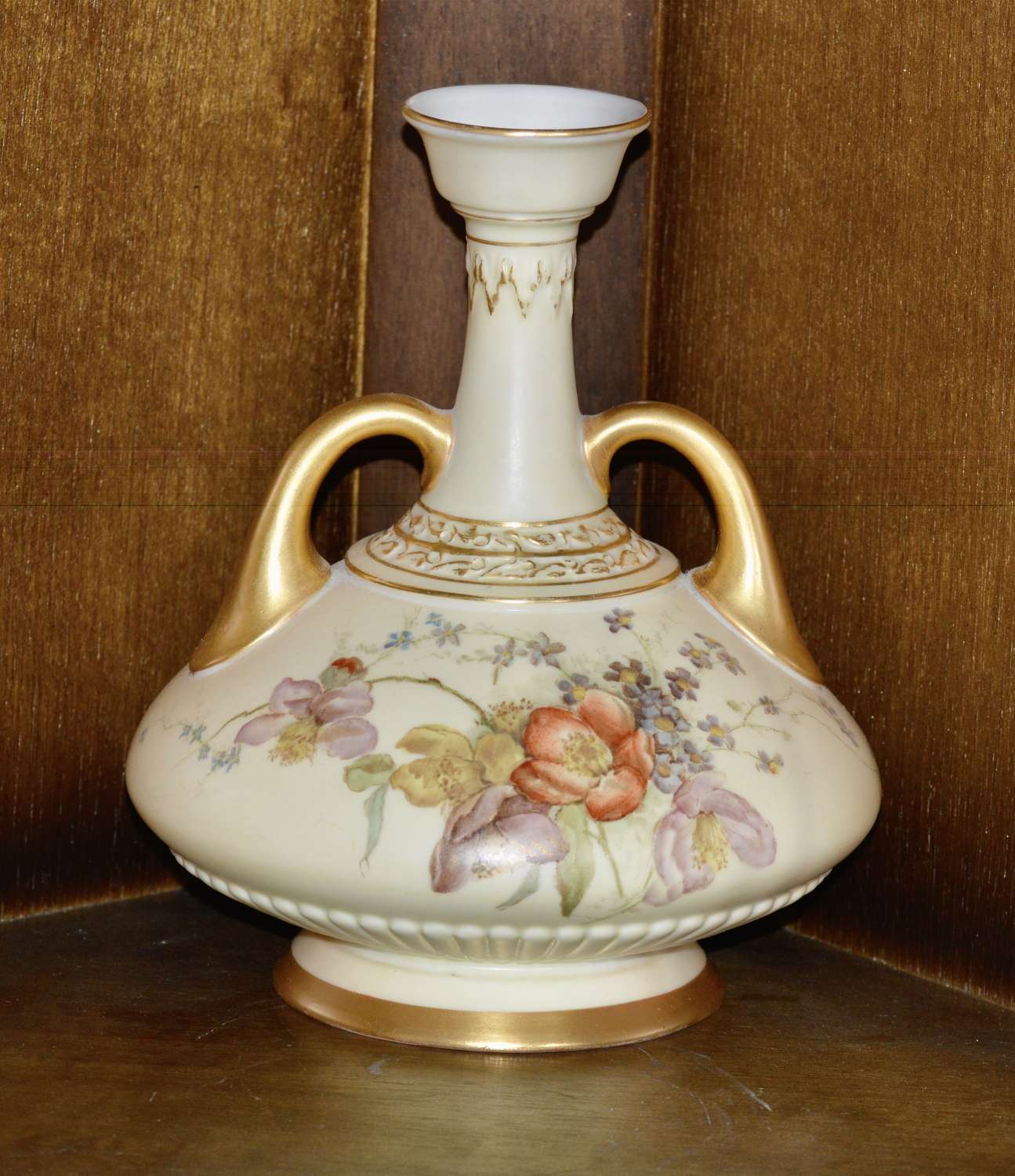 Royal Worcester 1894 Hand Painted Twin Handle Blush Ivory Vase