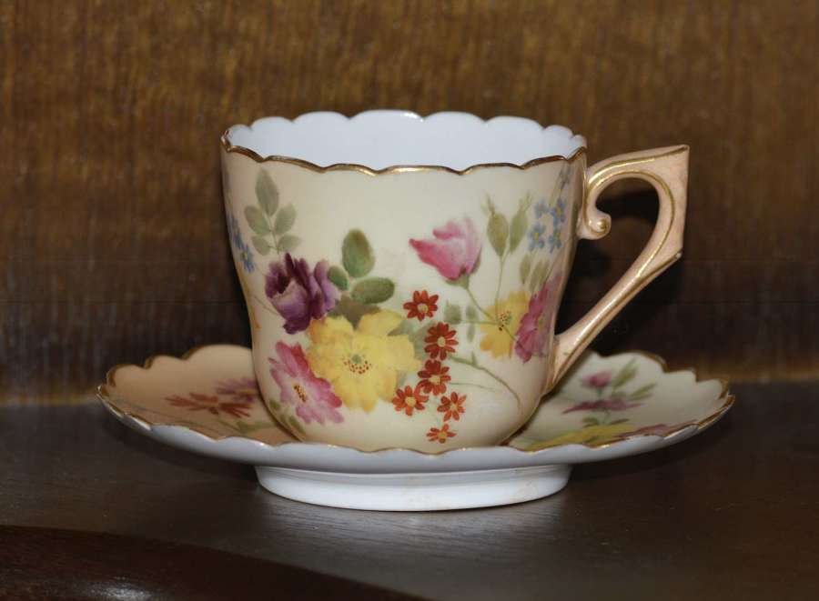 Royal Worcester Hand Painted Blush Ivory Miniature Cup and Saucer 1898