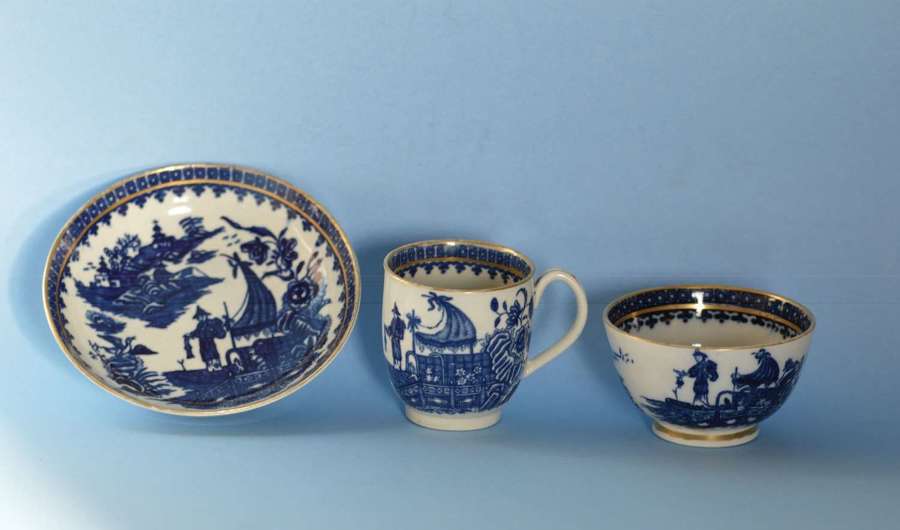 Caughley Porcelain Blue & White and Gilt Trio - Circa 1790