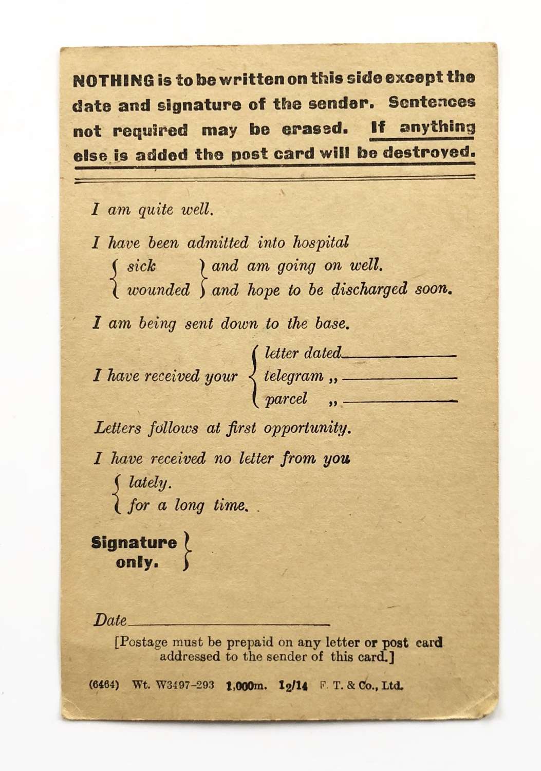 WW1 British Army Censor Postcard.