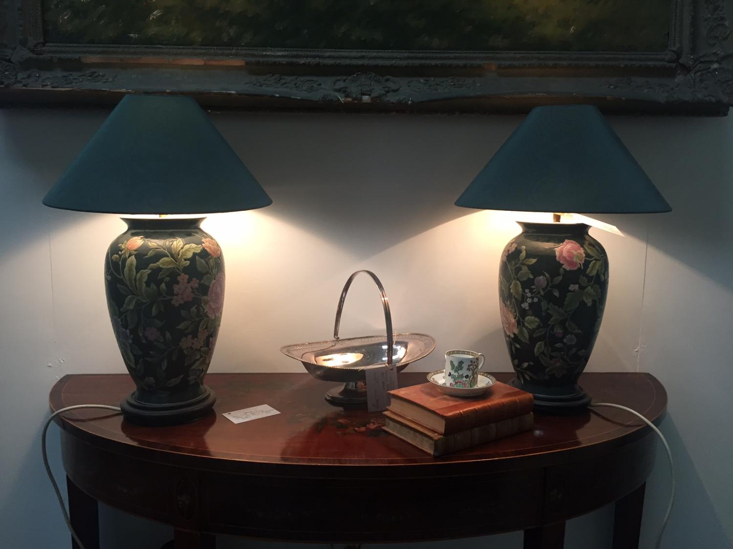 Pair of ceramic floral lamps and silk shades