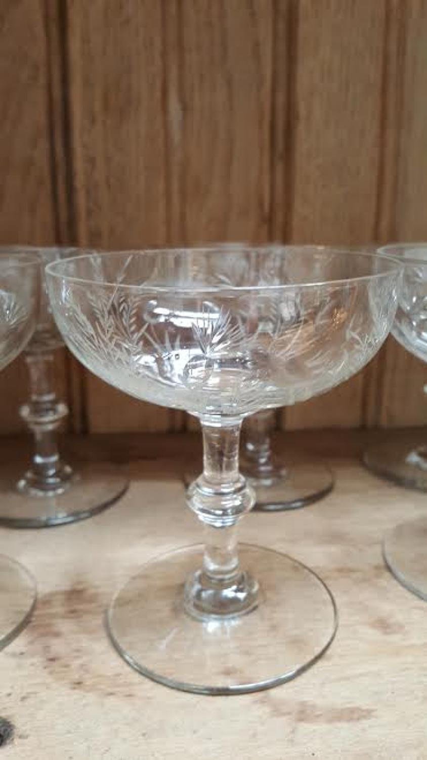 Set of 6 Antique French Engraved Champagne Glasses