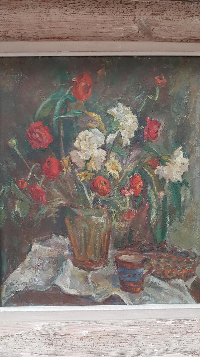 French oil on board Vase of flowers