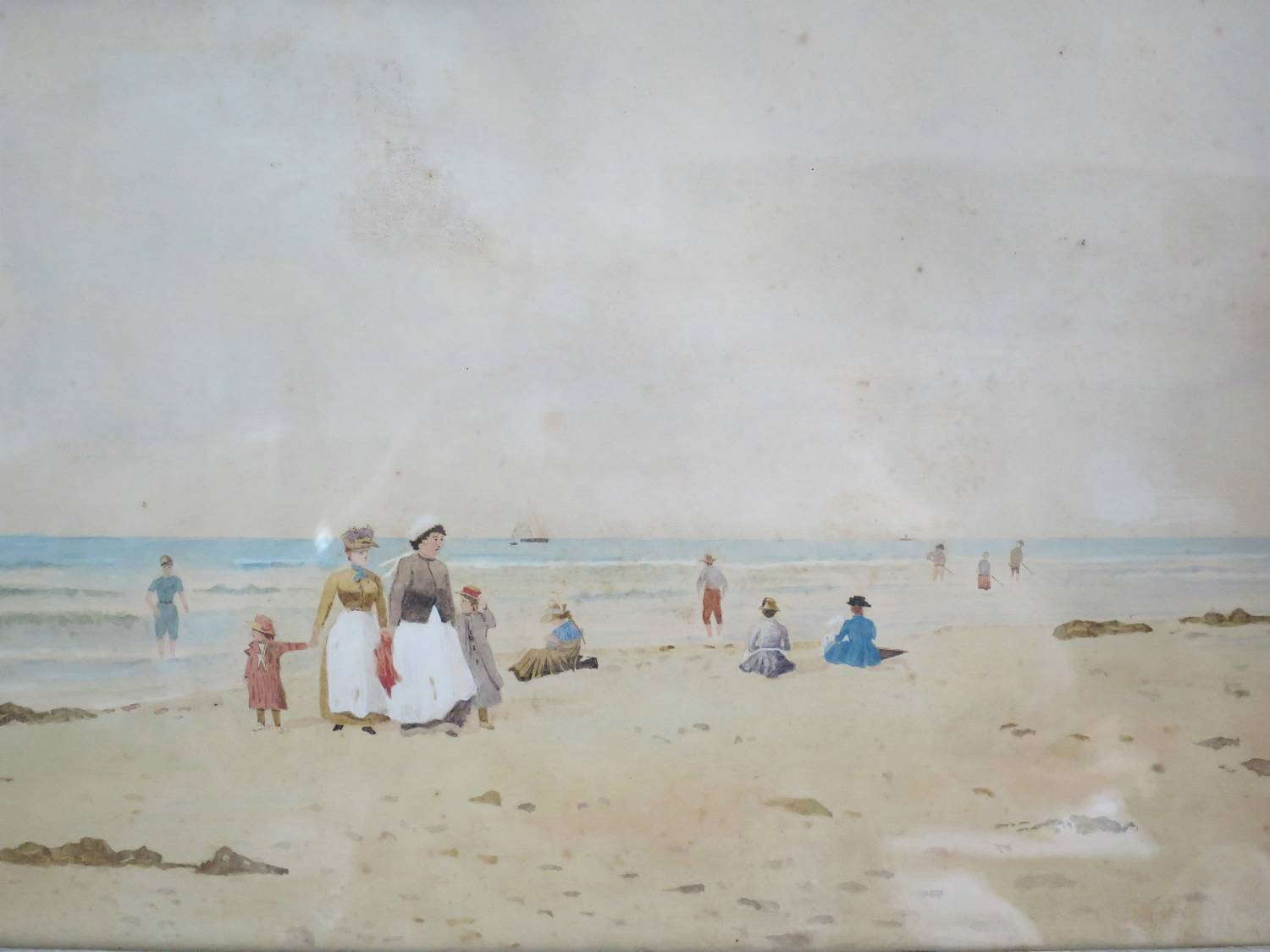 19th c French Watercolour - Beach Scene