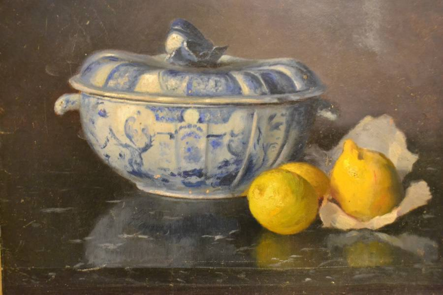 French Still Life, Blue and White Tureen, Signed and Dated