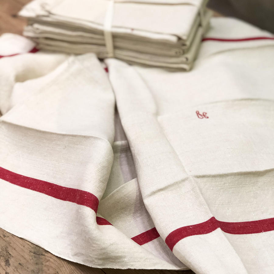 Bundle of 6 French Linen Tea-Towels with Red Stripe