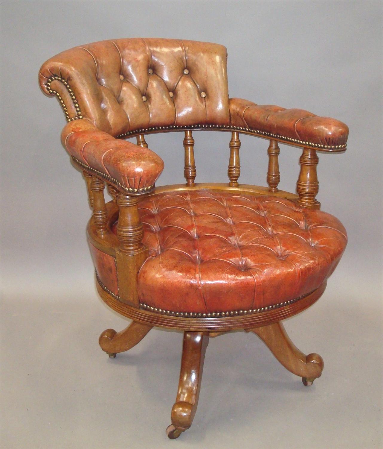C19th walnut and leather revolving desk chair