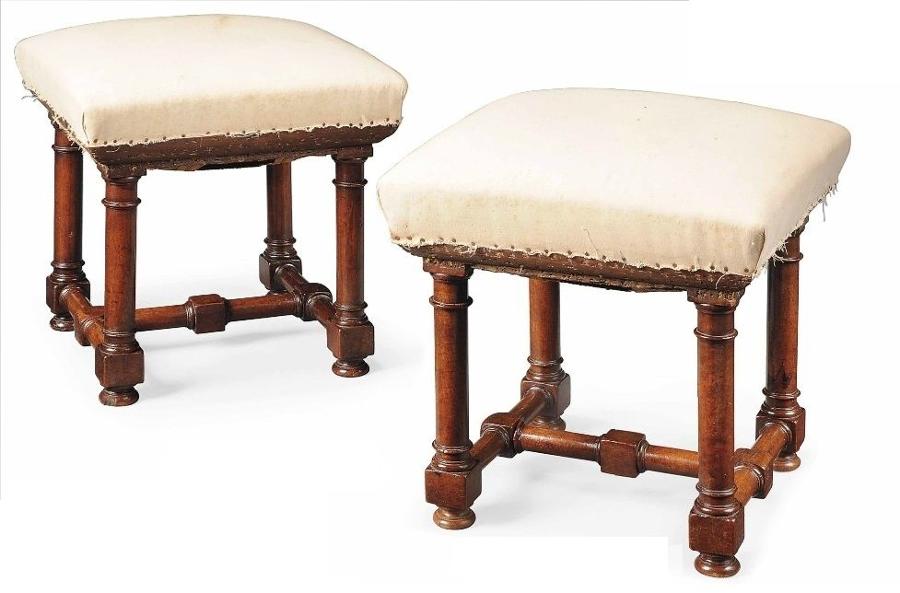 C18th pair of square walnut stools