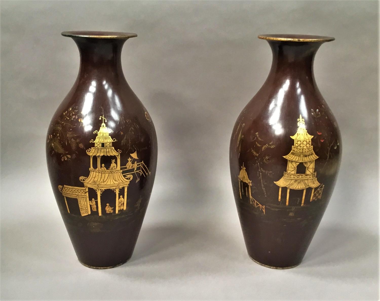 C19th pair of lacquered papier mache vases by Jennens & Bettridge