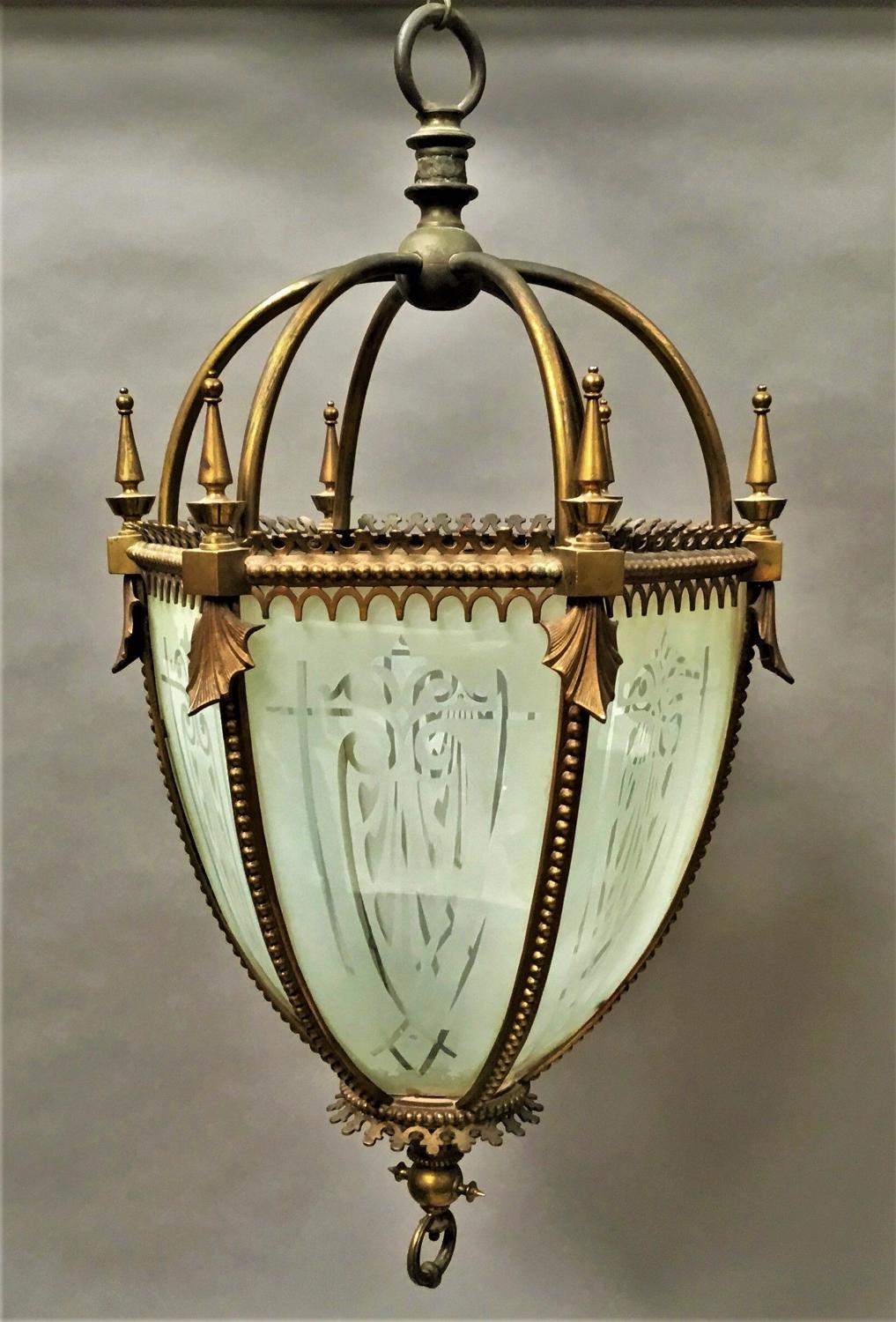 C19th gilt brass hexagonal lantern of pendant design