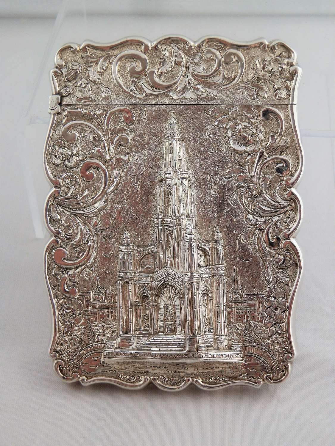 A Victorian castle top silver card case, Scott Monument,1846+