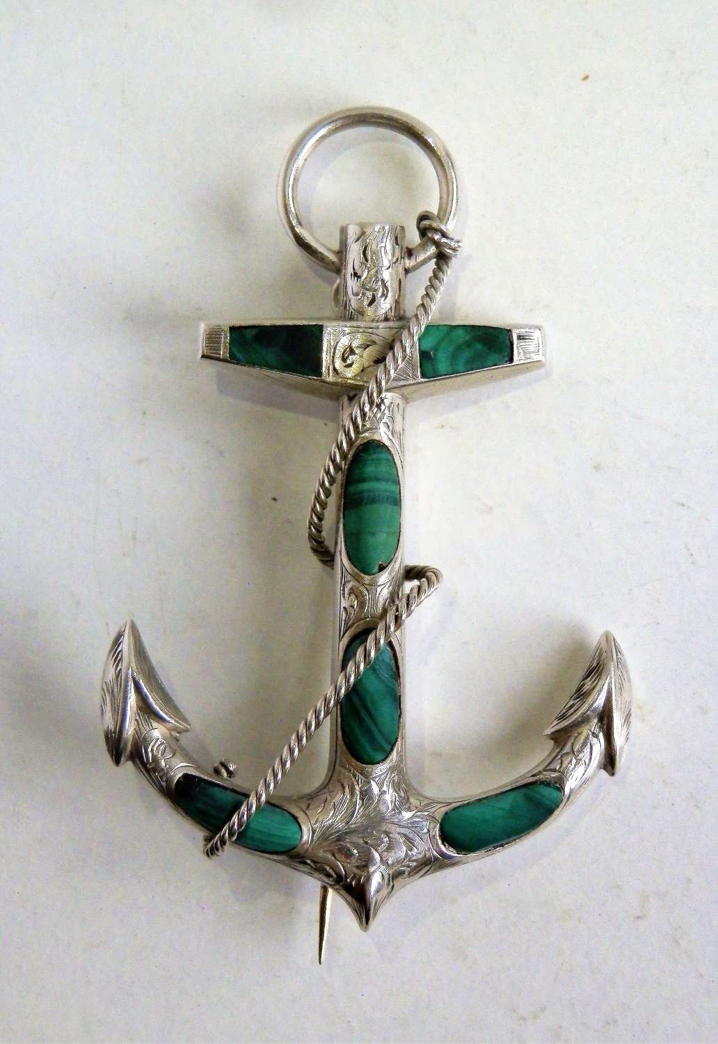 Scottish Victorian silver malachite anchor brooch