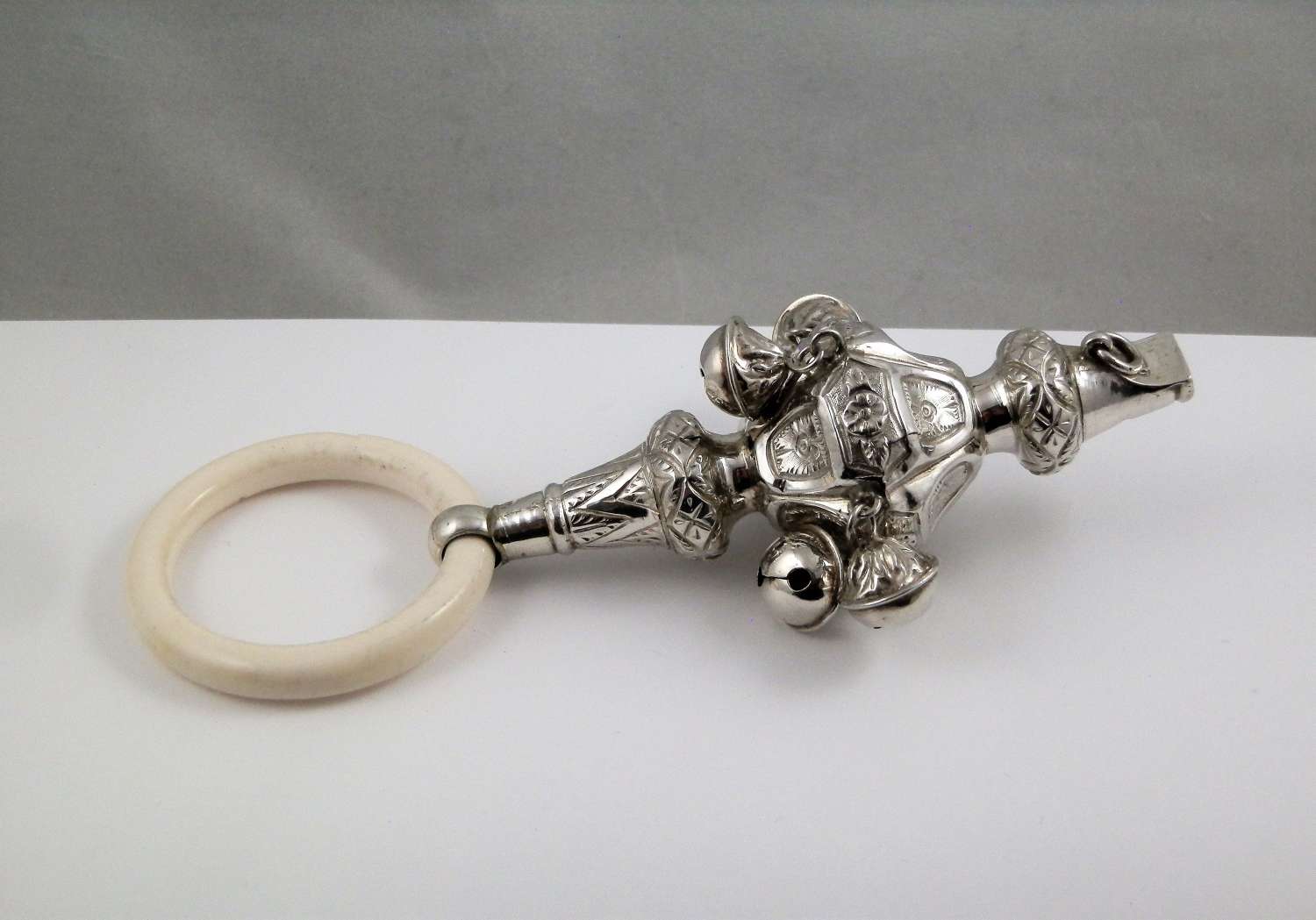Victorian silver babies rattle, by George Unite Birmingham 1879,