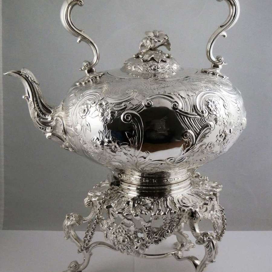 Victorian Irish silver kettle on stand, Dublin 1866