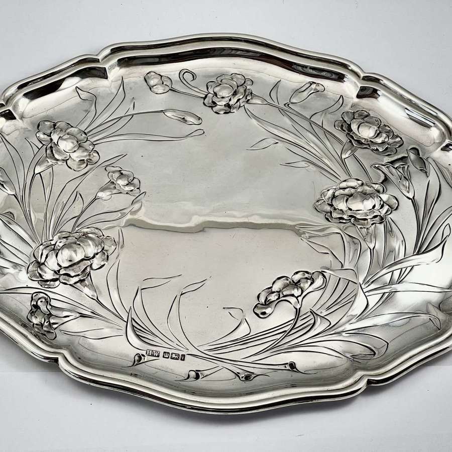 Edwardian antique Art Nouveau silver tray, Sheffield 1901