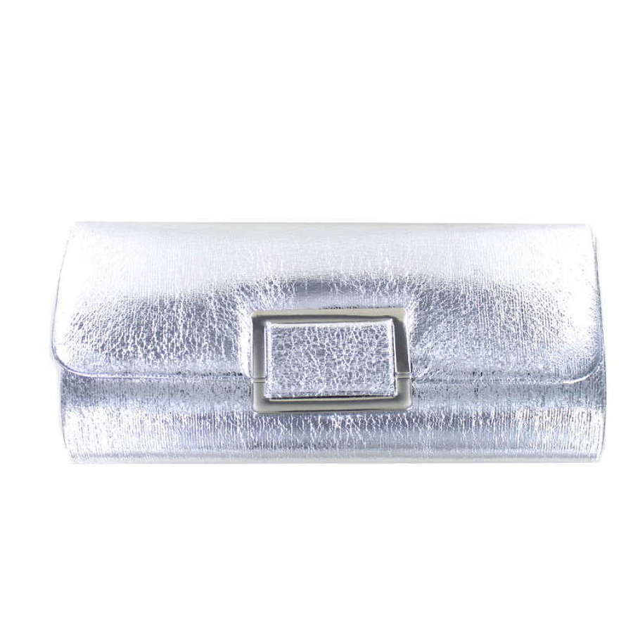 Metallic silver evening bag with silver tone metal buckle detail.
