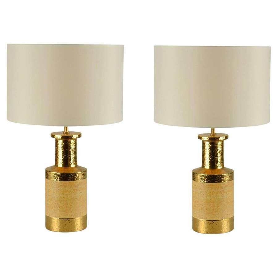 Pair of Bitossi Gold and Stoneware Ceramic Italian Table Lamps