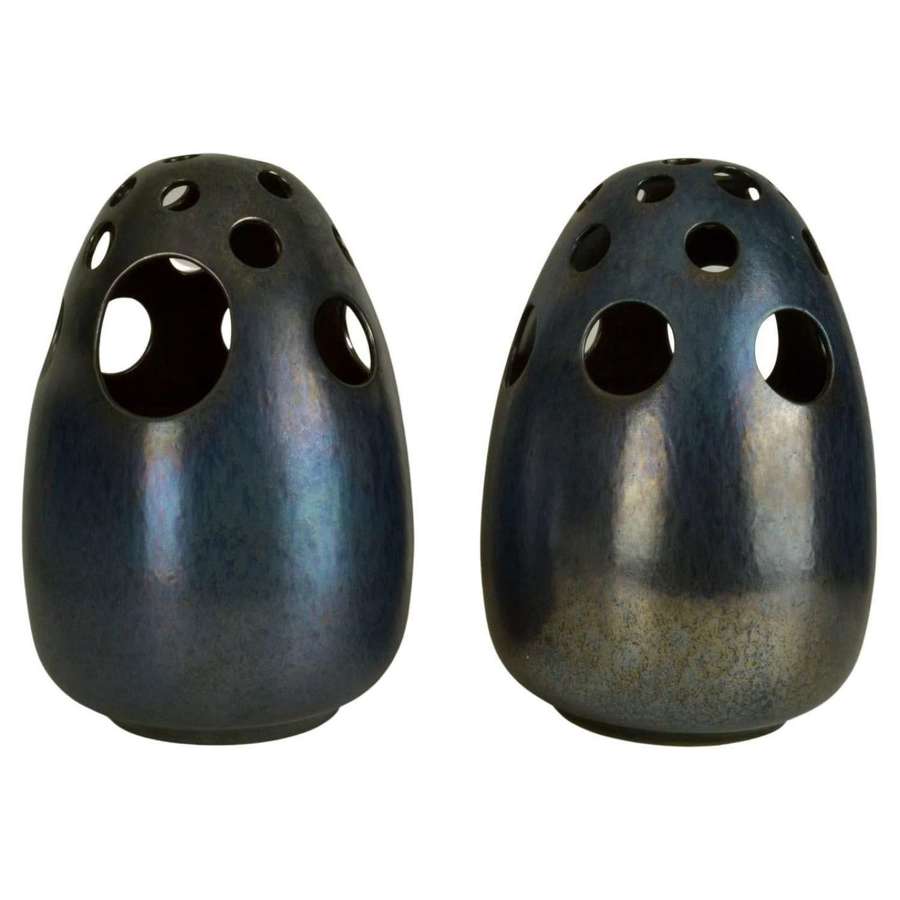 Pair of Large Sculptural Perforated Ceramic Vases