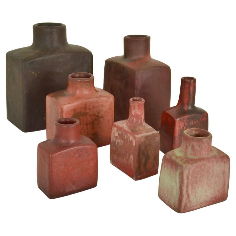 Group of Square Mid-Century Studio Ceramic Vases in Dark Red