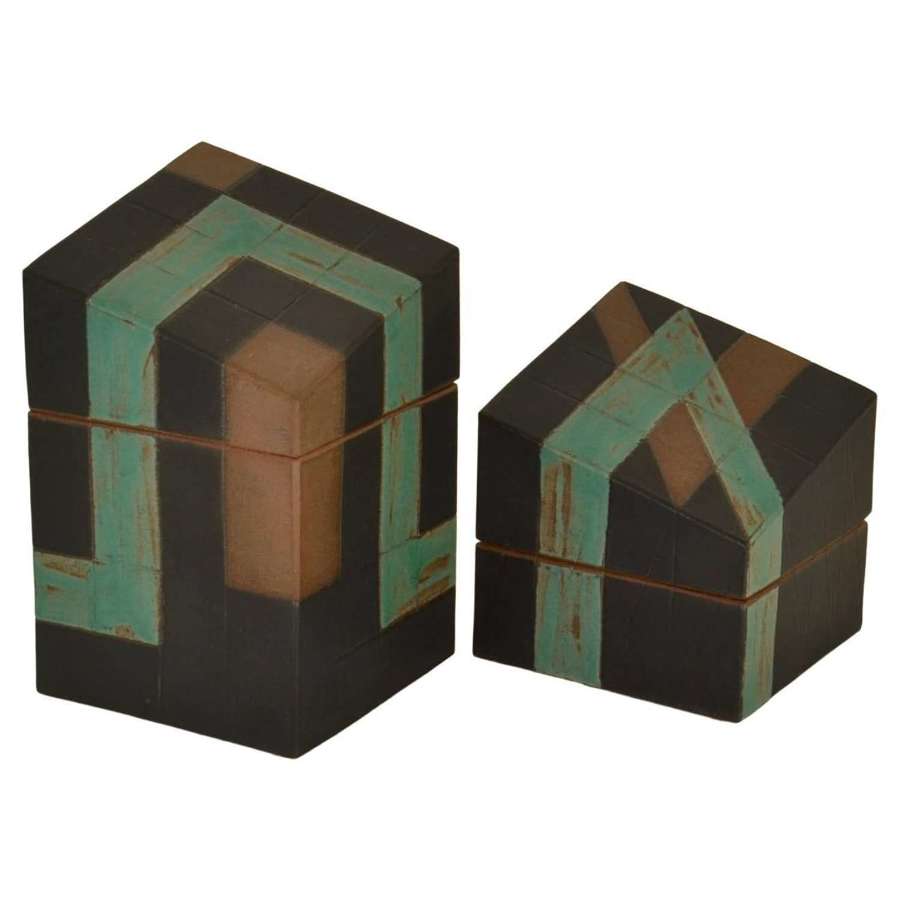 Pair of Sculptural Studio Pottery Boxes in Sage Green and Black