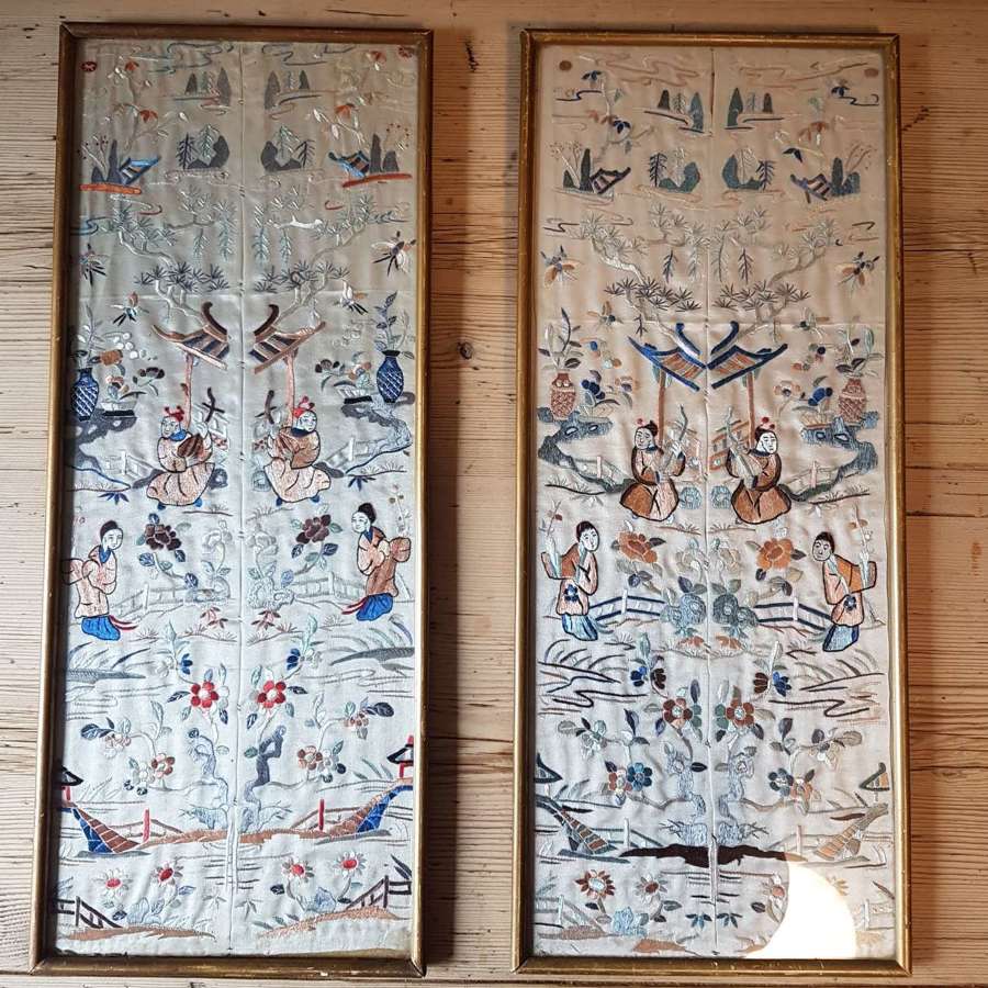 Pair of framed silk Japanese Kimono sleeves