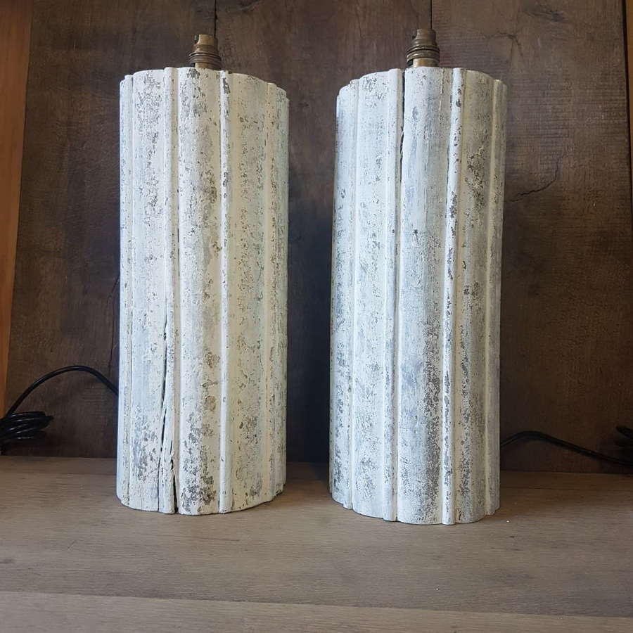 Pair of 19thC French carved painted column lamps