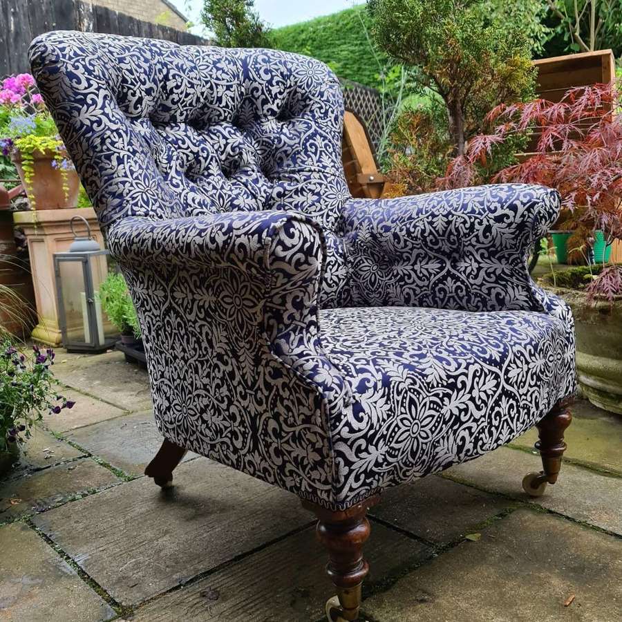 ENGLISH 19th Century Button Back Armchair, new Upholstery