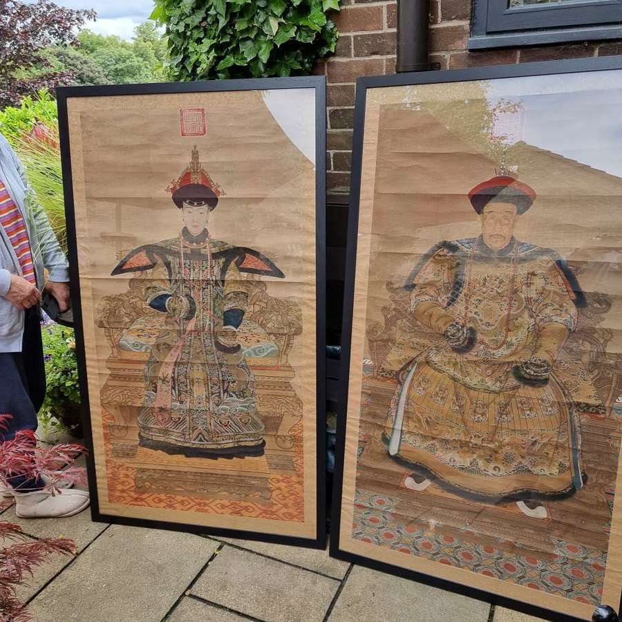 A Large Pair of Framed Chinese Ancestral Scrolls