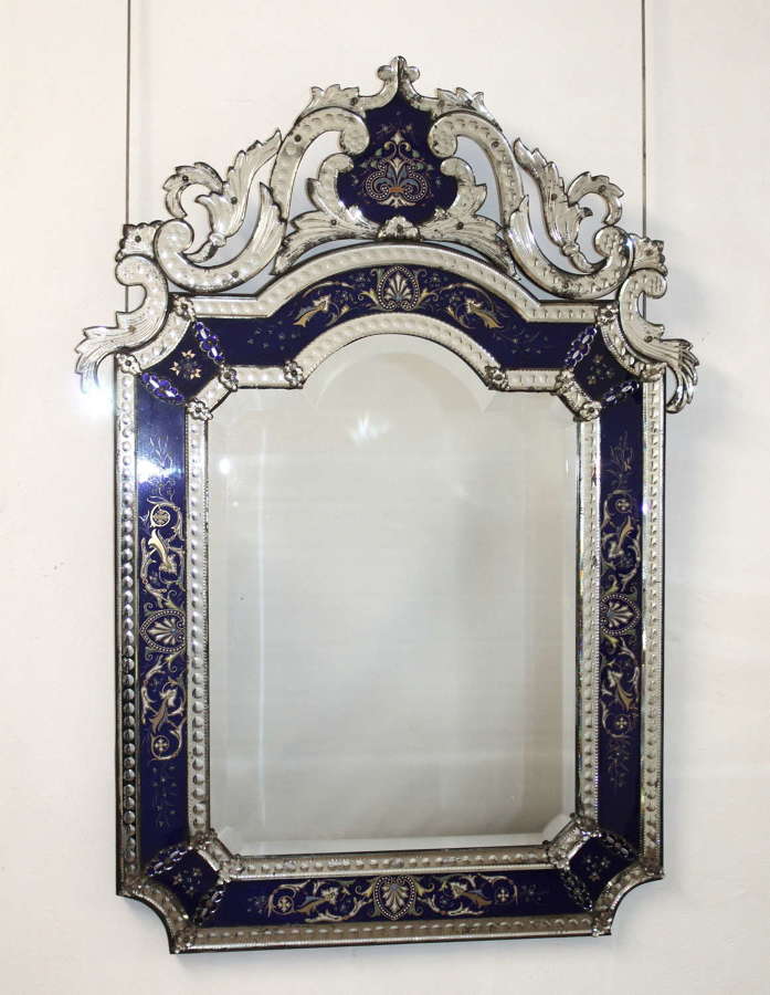 Antique rococo Venetian mirror with blue enamelled frame