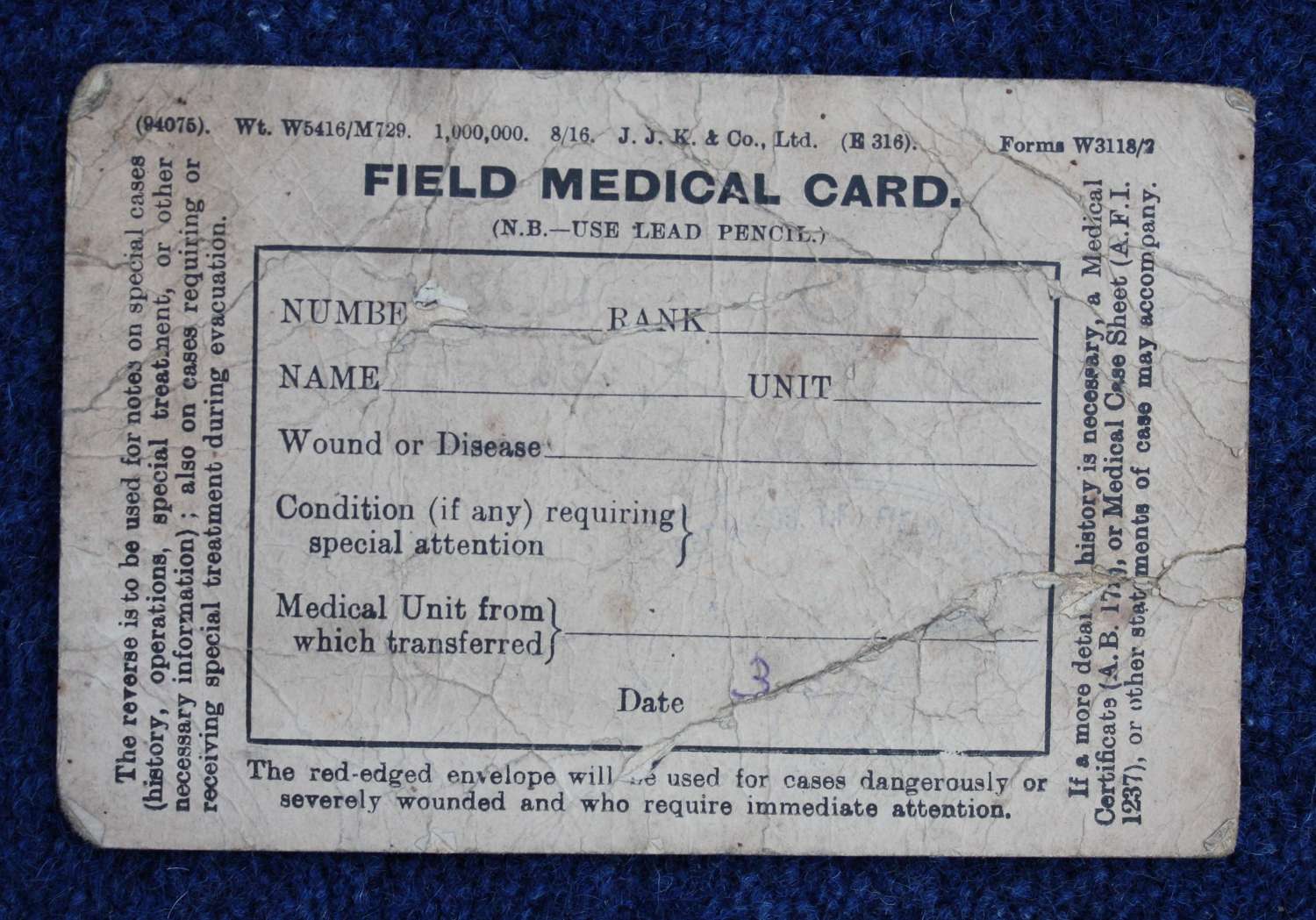 Rare British WW1 Field Medical Card dated 1917.