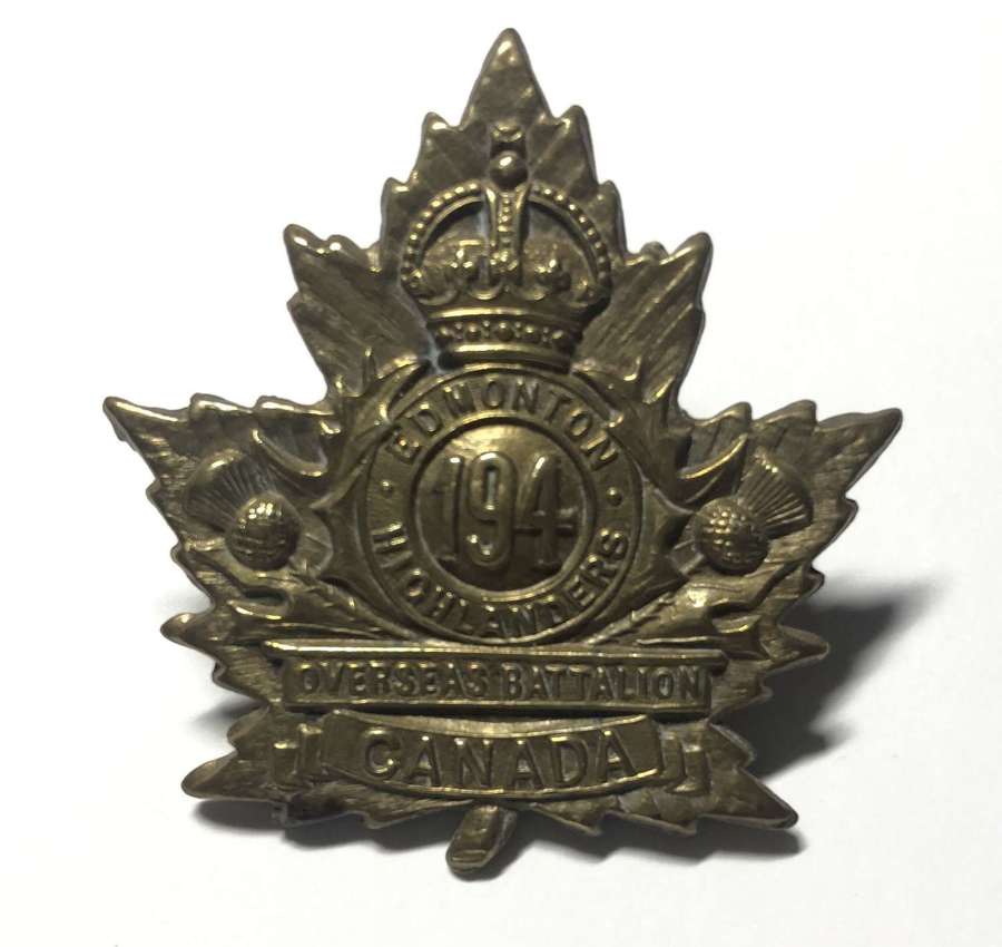 Canadian 194th (Edmonton Highlanders) Bn. CEF WW1 cap badge