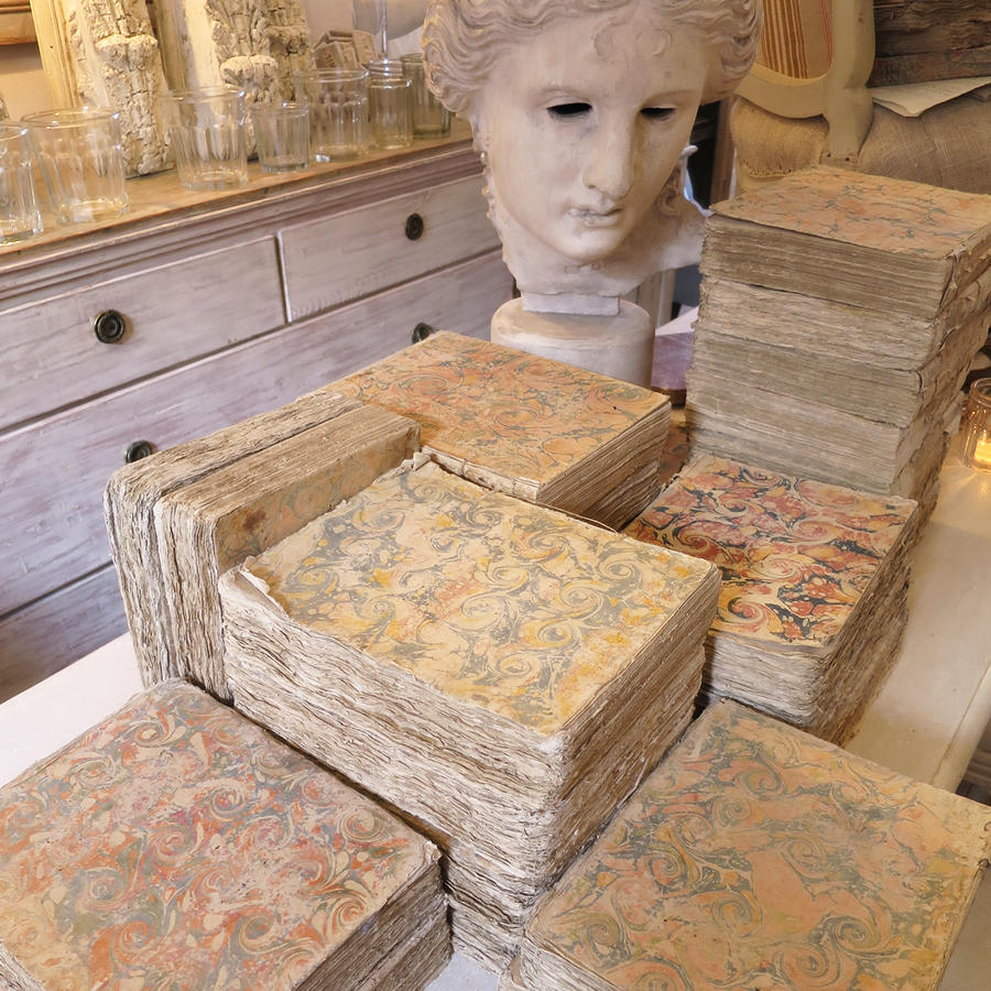18th century Large French Antique Books with marblized covers