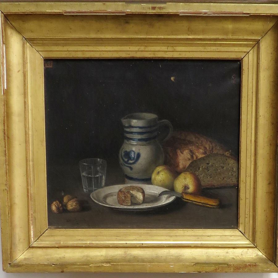 French 19th century Still Life - oil on canvas of Bread & Cheese