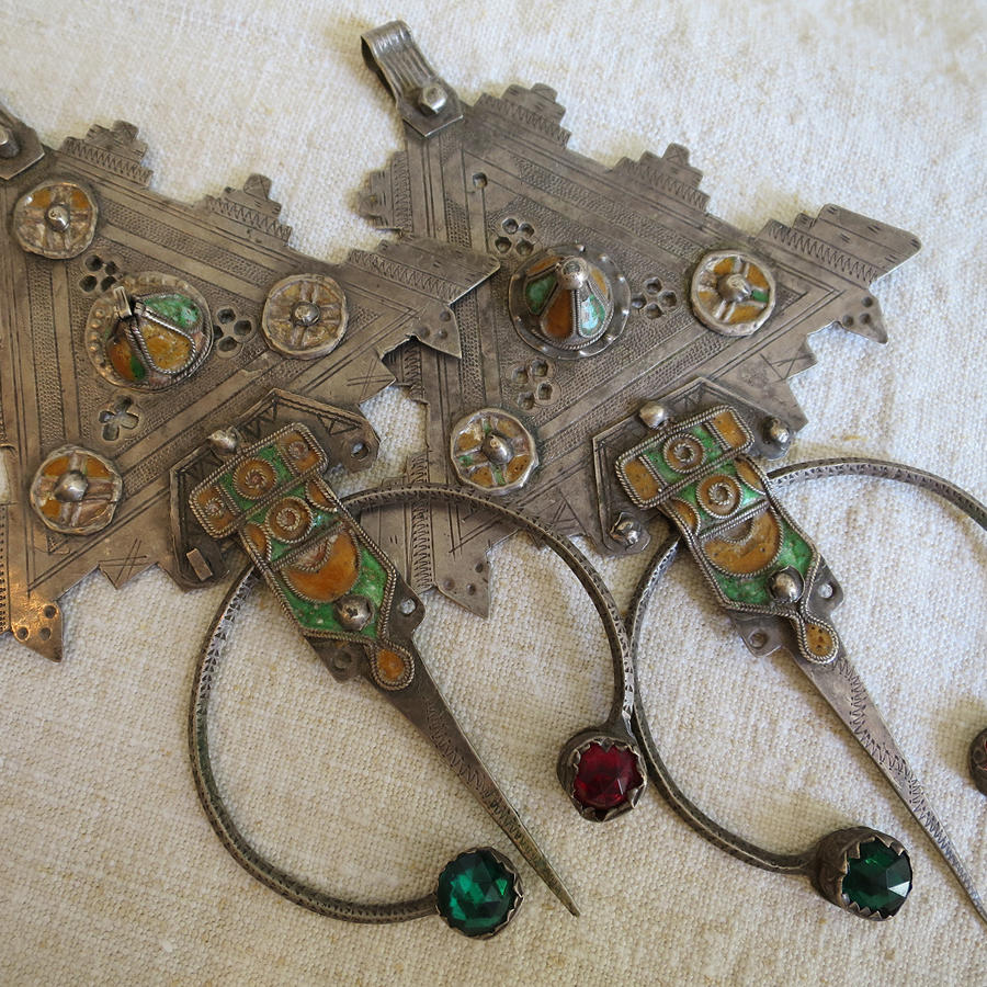 Tuareg Antique Silver and Enamel Cloak Pins