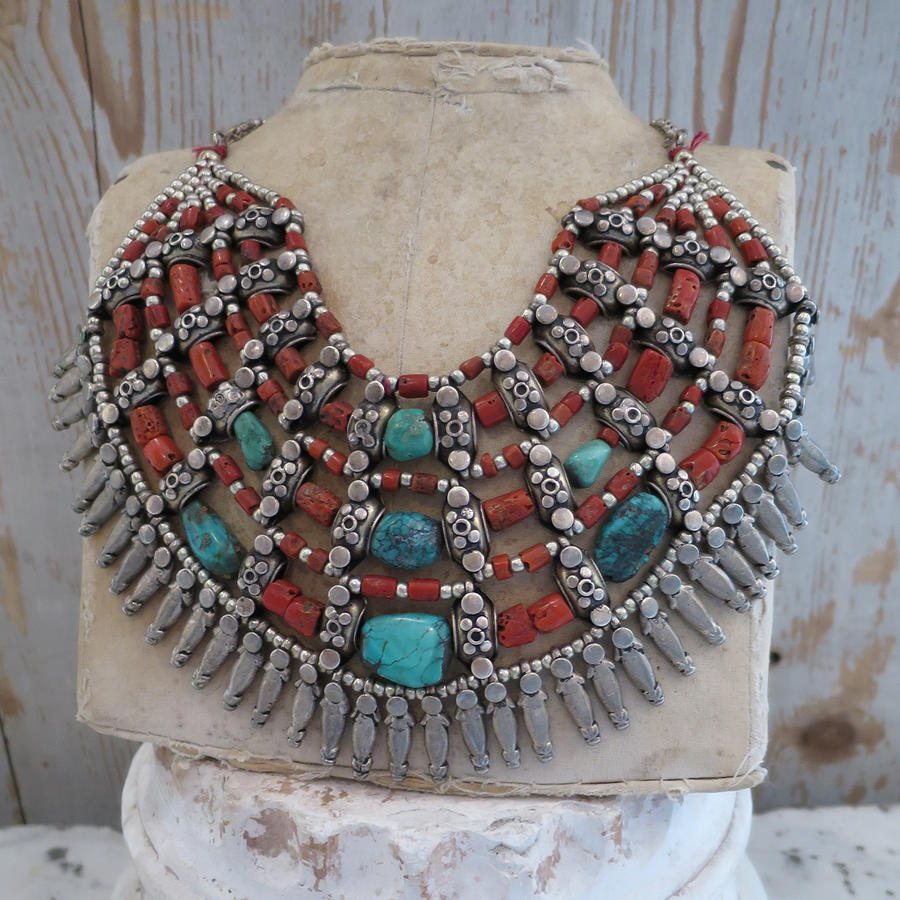 Nepalese Coral and Turquoise Silver Necklace