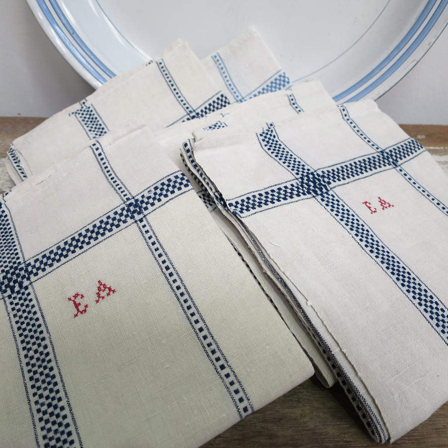 Unusual Bundle of 6 French Blue and White Linen T-Towels