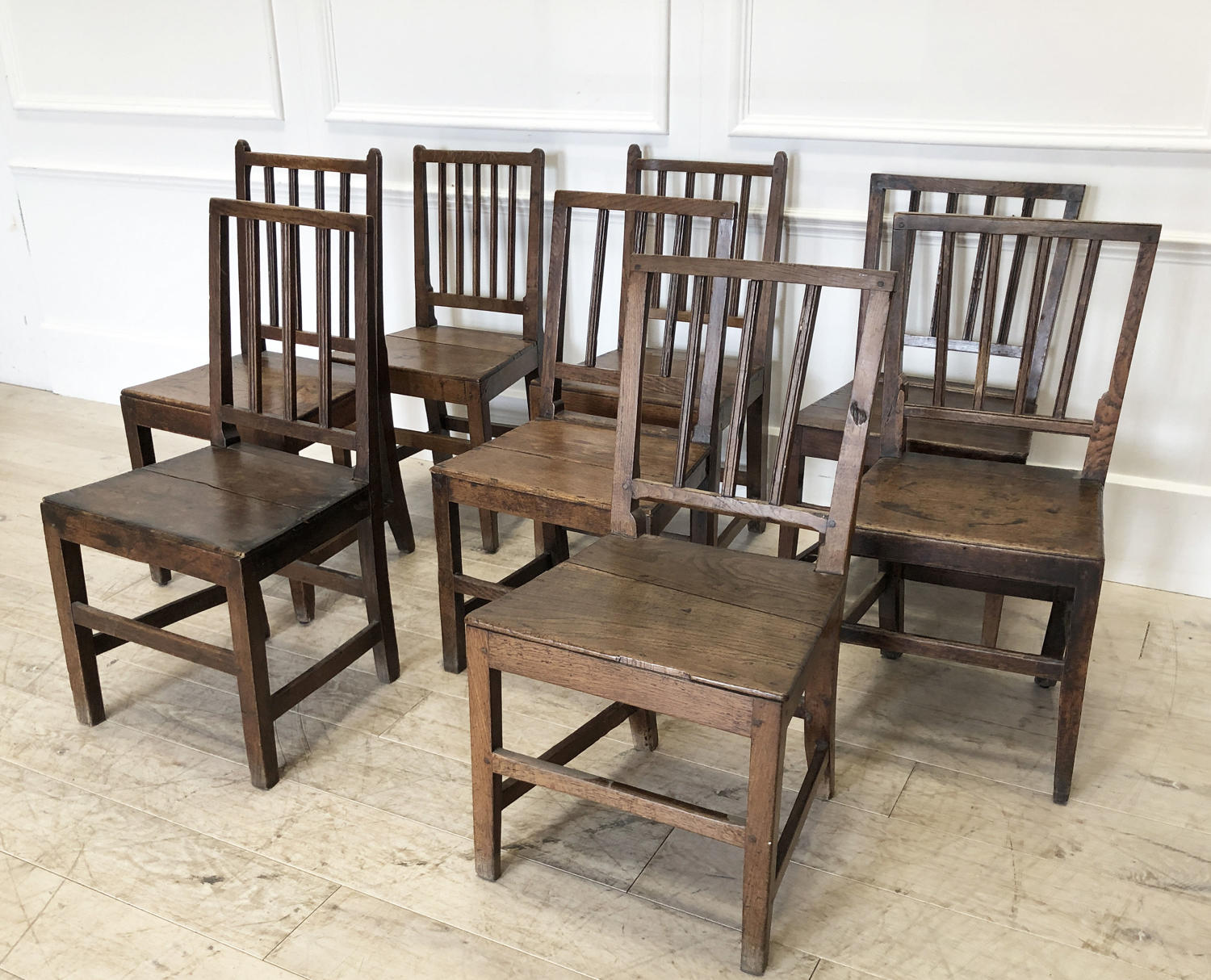 Set of 8 English early 19th c Oak Dining Chairs