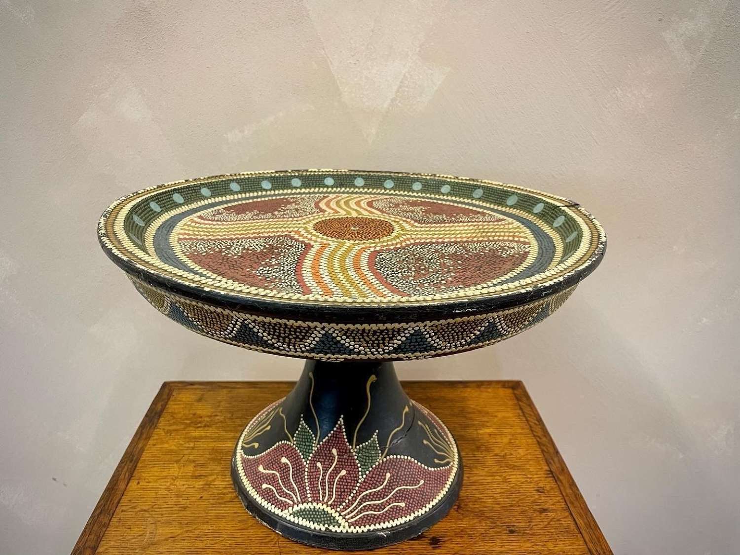 African hand painted decorative bowl on stand