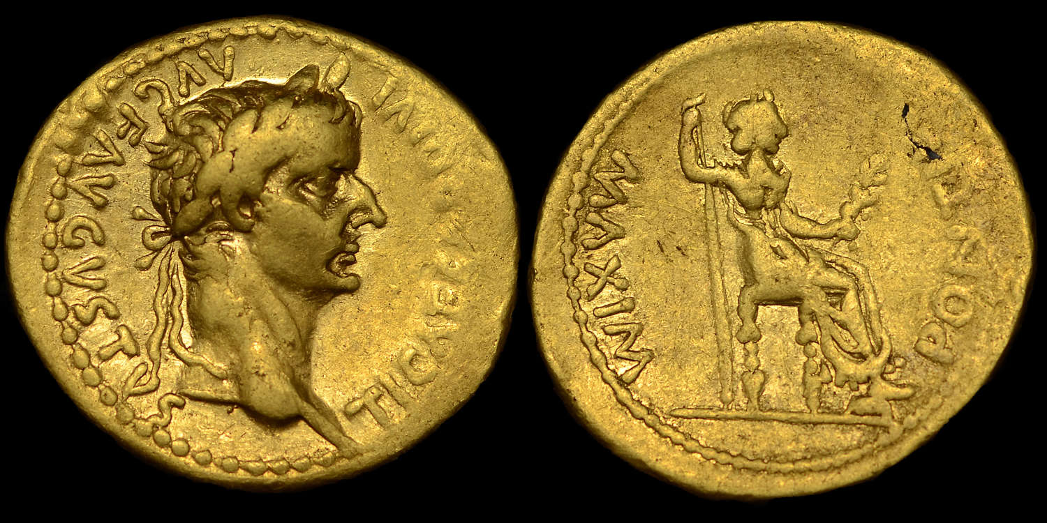 TIBERIUS, GOLD AUREUS, MINT OF LUGDUNUM