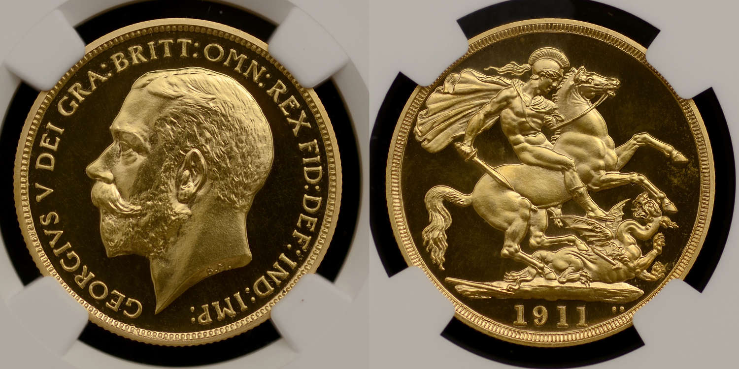 GEORGE V 1911 PROOF GOLD TWO POUNDS, PF 64 CAMEO